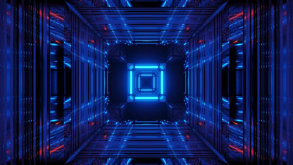Neon-lit data centre tunnel